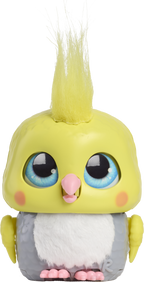 Toy figure with yellow hair and large eyes on a white background