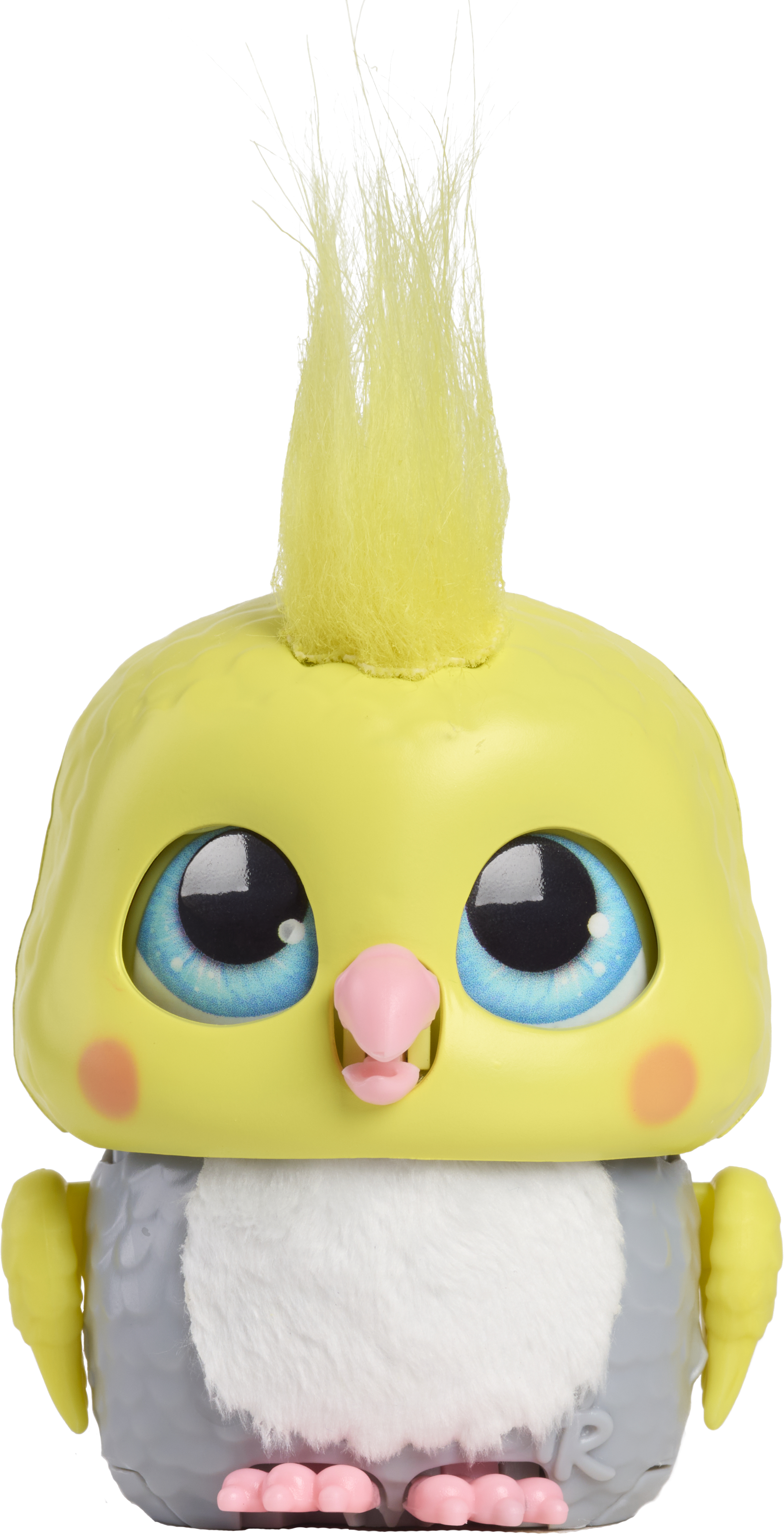 Toy figure with yellow hair and large eyes on a white background
