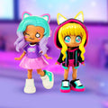 Two colorful dolls with animal ears on a vibrant purple background