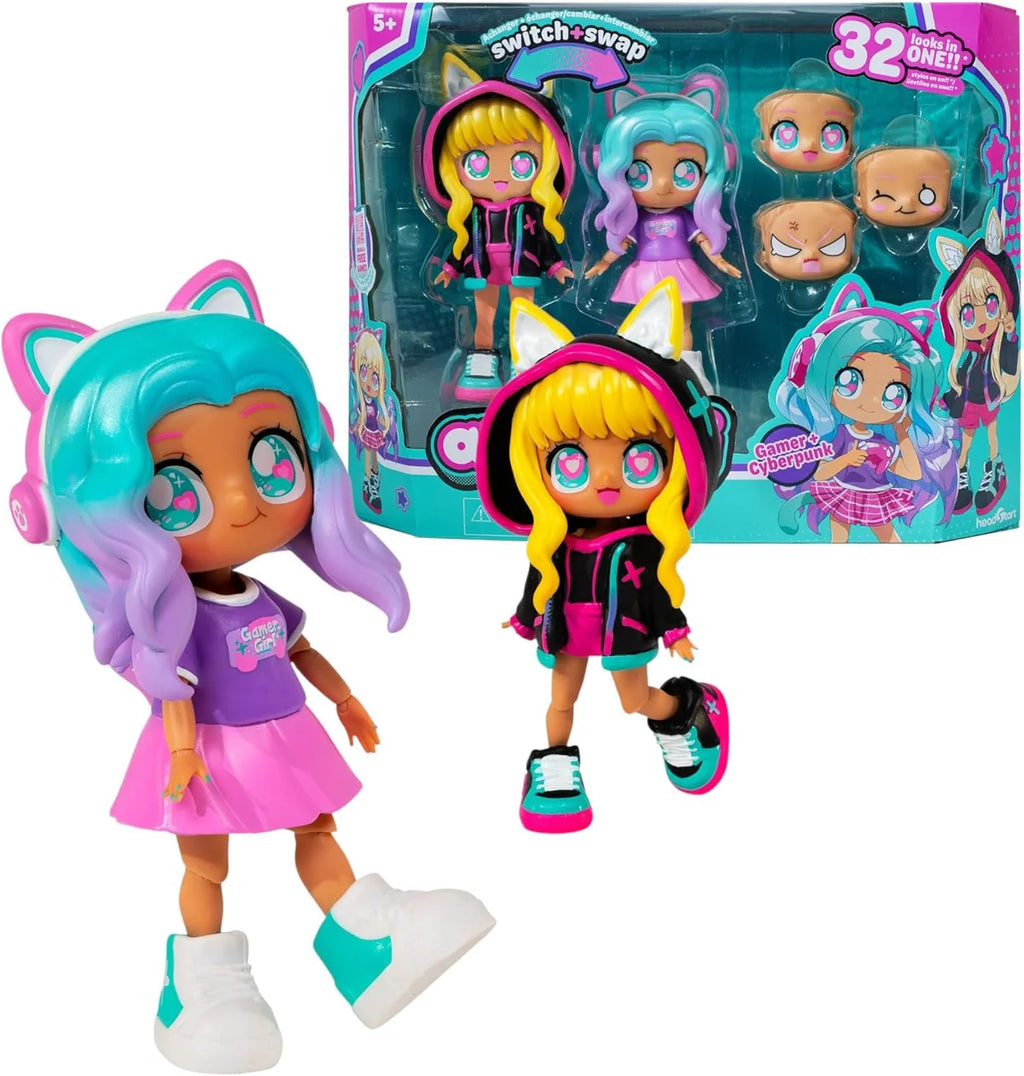 Toy dolls with switchable heads and packaging displaying multiple head options.