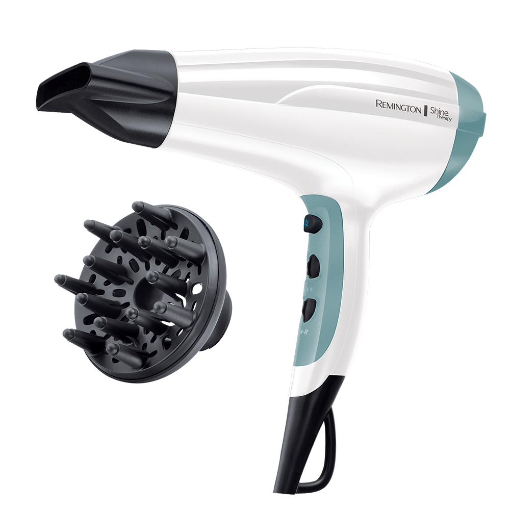 White and black hair dryer with a diffuser attachment on a white background