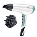 White and black hair dryer with a diffuser attachment on a white background