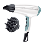 White and black hair dryer with a diffuser attachment on a white background