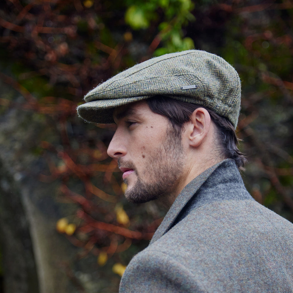 John Hanly Driving Cap – Beige Green Herringbone Irish Tweed Cap