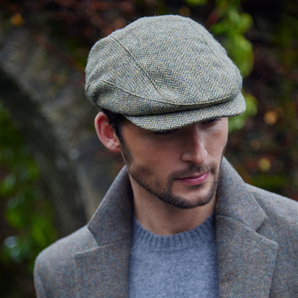 John Hanly Driving Cap – Beige Green Herringbone Irish Tweed Cap
