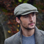 John Hanly Driving Cap – Beige Green Herringbone Irish Tweed Cap