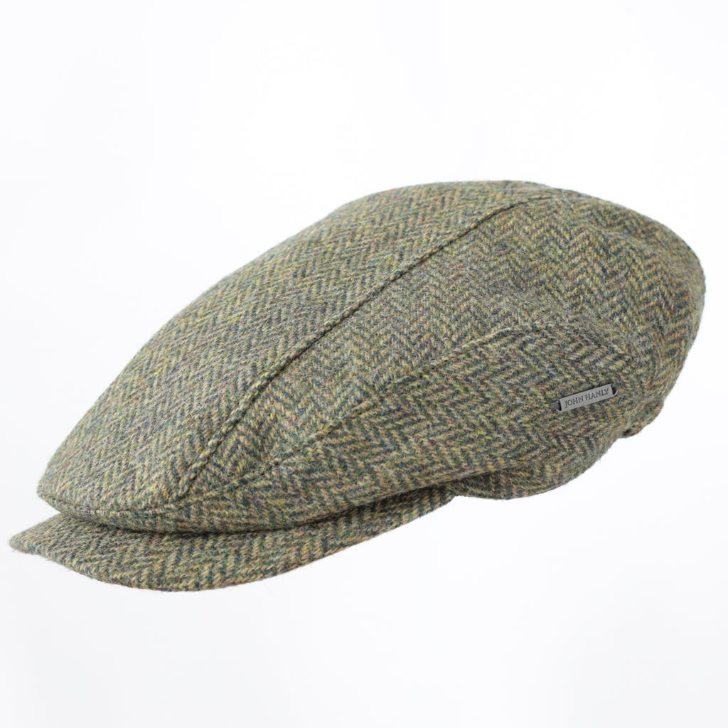 John Hanly Driving Cap – Beige Green Herringbone Irish Tweed Cap