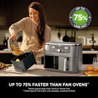 A woman in a kitchen uses a stainless steel countertop fan oven, with promotional text reading 'Up to 75% Faster Than Fan Ovens' and a circular badge.