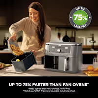 A woman in a kitchen uses a stainless steel countertop fan oven, with promotional text reading 'Up to 75% Faster Than Fan Ovens' and a circular badge.