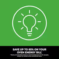 A green promotional graphic with a white line icon of a light bulb inside a circle and text at the bottom that reads, 'SAVE UP TO 65% ON YOUR OVEN ENERGY BILL.'.