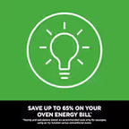 A green promotional graphic with a white line icon of a light bulb inside a circle and text at the bottom that reads, 'SAVE UP TO 65% ON YOUR OVEN ENERGY BILL.'.