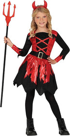 Child in a devil costume with red and black outfit, horns, and a trident on a white background