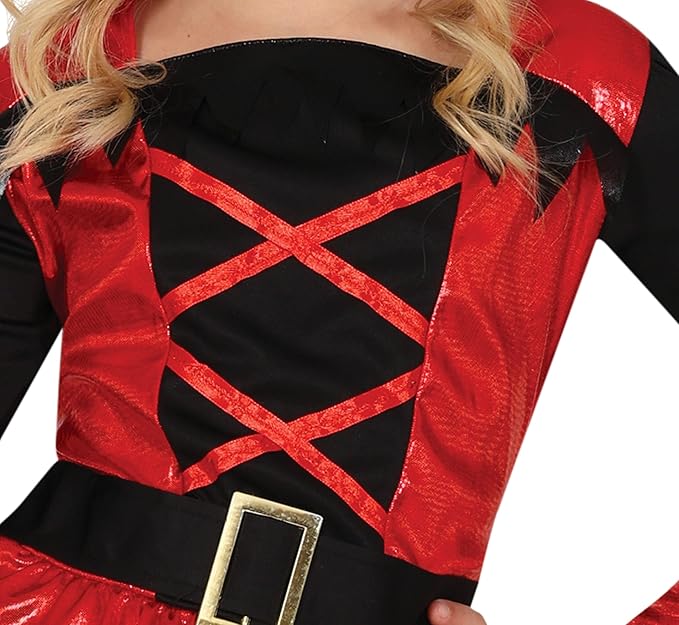 Red and black costume with gold buckle on a white background
