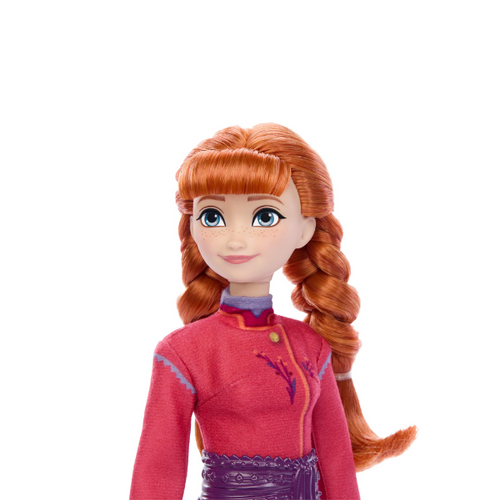 Toy figure of a character with red hair and a pink jacket on a white background