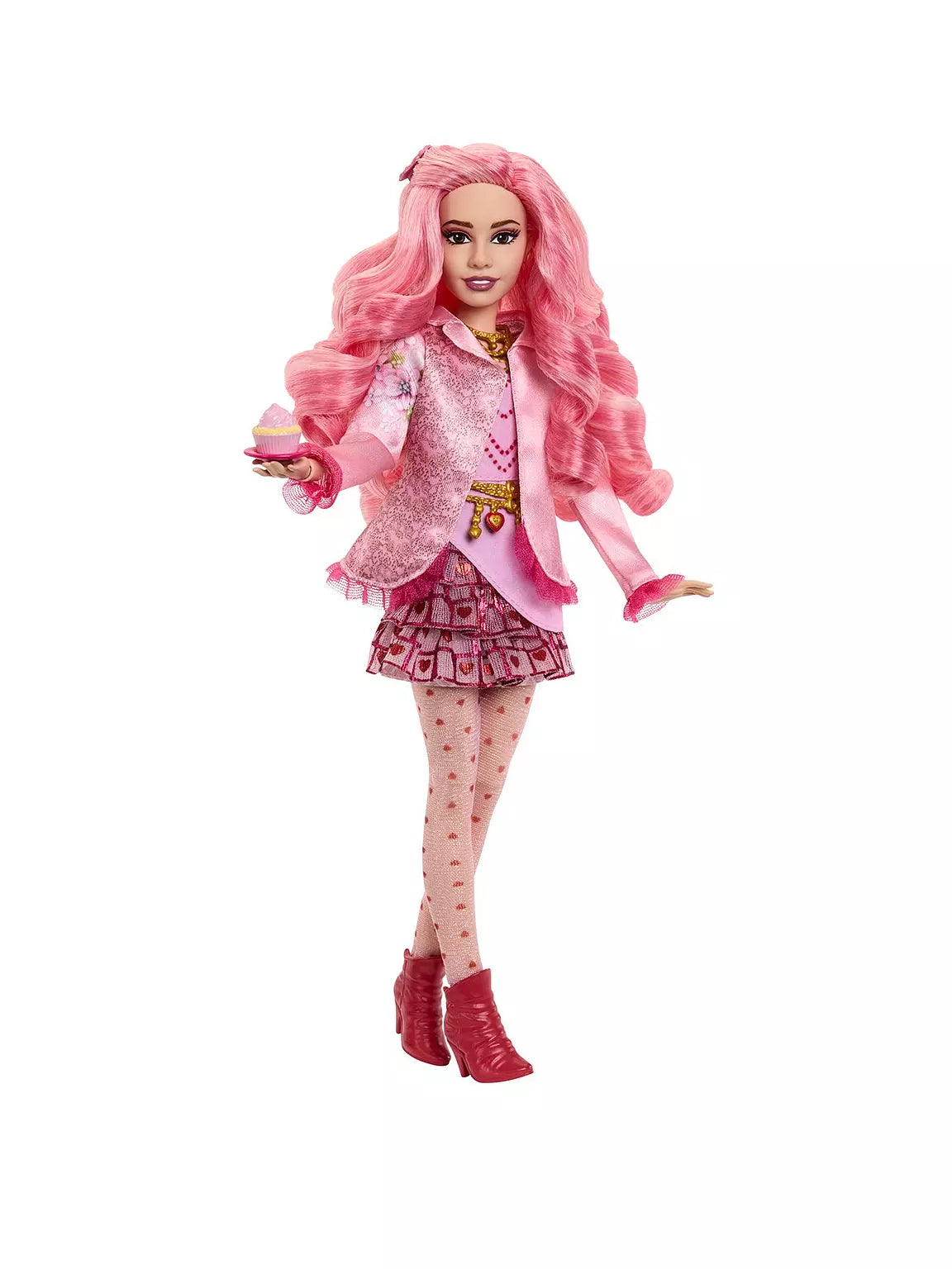 Toy doll with pink hair and outfit on a white background