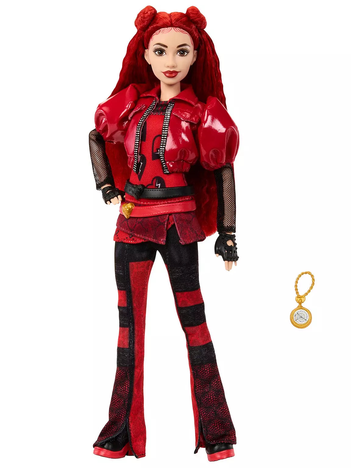 Doll in red and black outfit with matching keychain on white background