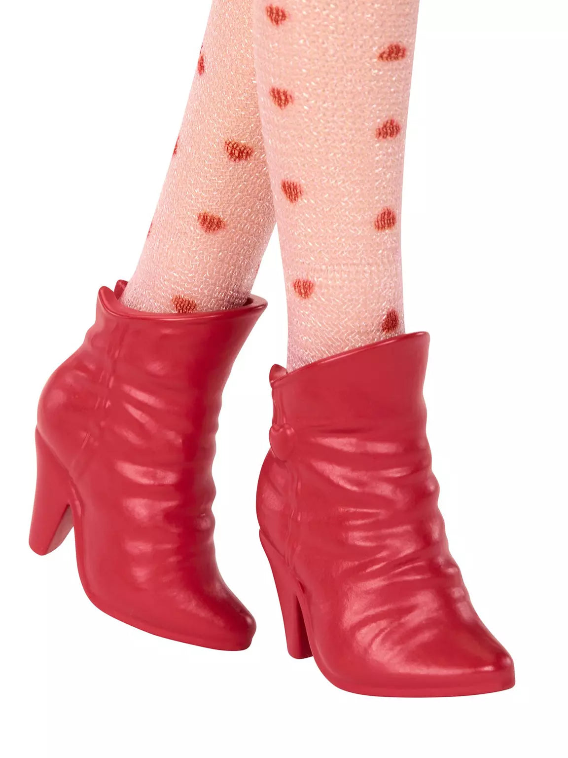 Red high-heeled boots worn with patterned tights on a white background