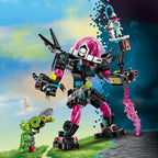 Toy robot with pink and black design against a colorful sky background
