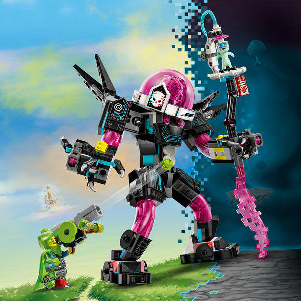 Toy robot with pink and black design against a colorful sky background