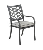 A dark gray metal outdoor dining chair with a curved, lattice-patterned backrest and a light gray cushioned seat, shown against a plain white background.