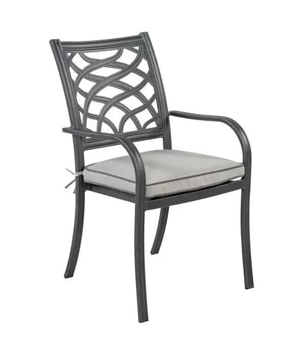 A dark gray metal outdoor dining chair with a curved, lattice-patterned backrest and a light gray cushioned seat, shown against a plain white background.