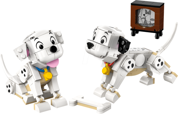 Two toy dogs made of interlocking bricks with a small TV in the background.