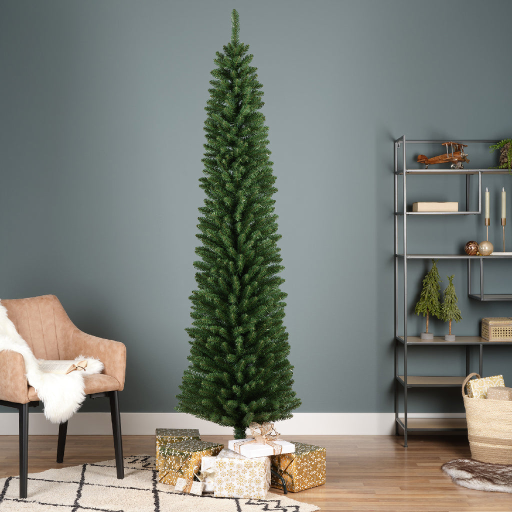 Everlands Pencil Pine Christmas tree, 7 ft tall, 574 soft‑PVC tips, slim profile, hinged branches with folding metal stan