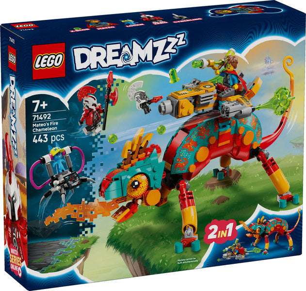 LEGO Dreamzzz Mato's Fire Chameleon set packaging with colorful dragon and characters on a blue background.