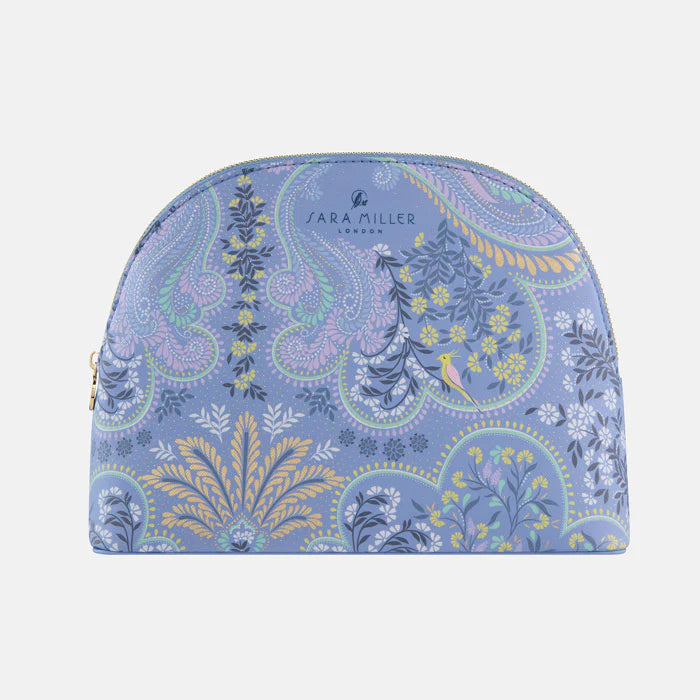 Blue floral paisley patterned pouch with 'Fara Miller' branding on a white background