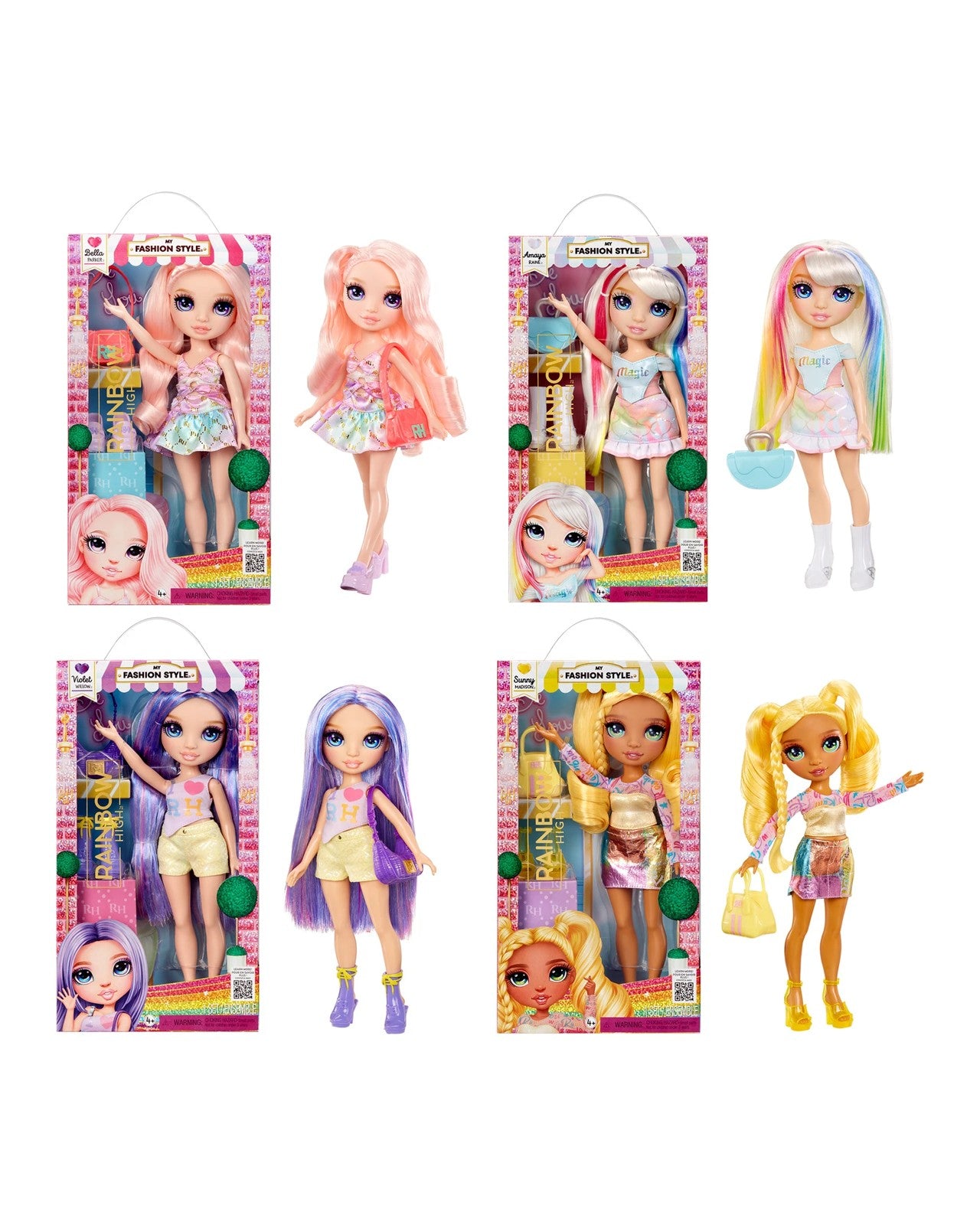 Set of dolls with colorful packaging on a white background