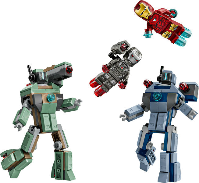LEGO Marvel 76320 Iron Man & War Machine minifigures with two Hammer drones in battle configuration