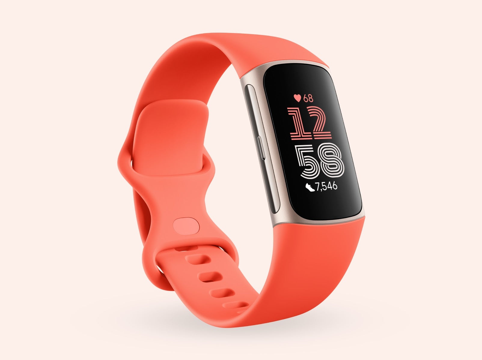 Fitness tracker with a coral band on a light gray background