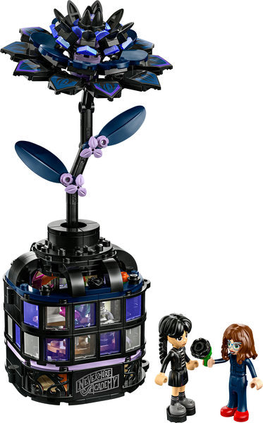 LEGO Wednesday Black Dahlia Flower set 76784 with black dahlia bloom and vase revealing hidden conservatory classroom, Wednesday Addams and Professor Thornhill minidolls