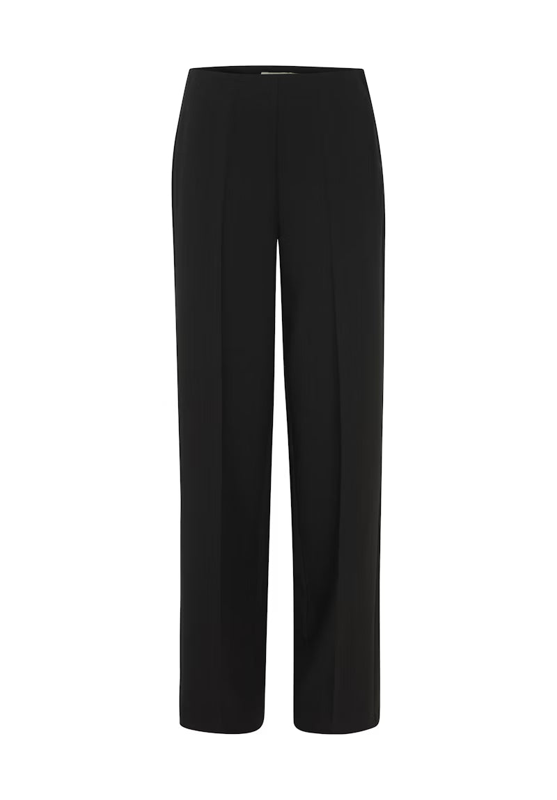 Fransa Abigail wide-leg trousers in black with mid-rise waist, elasticated back, front pleats, and pockets