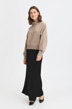 Fransa Floren black maxi skirt with flattering satin finish and sleek drape, made in a viscose blend