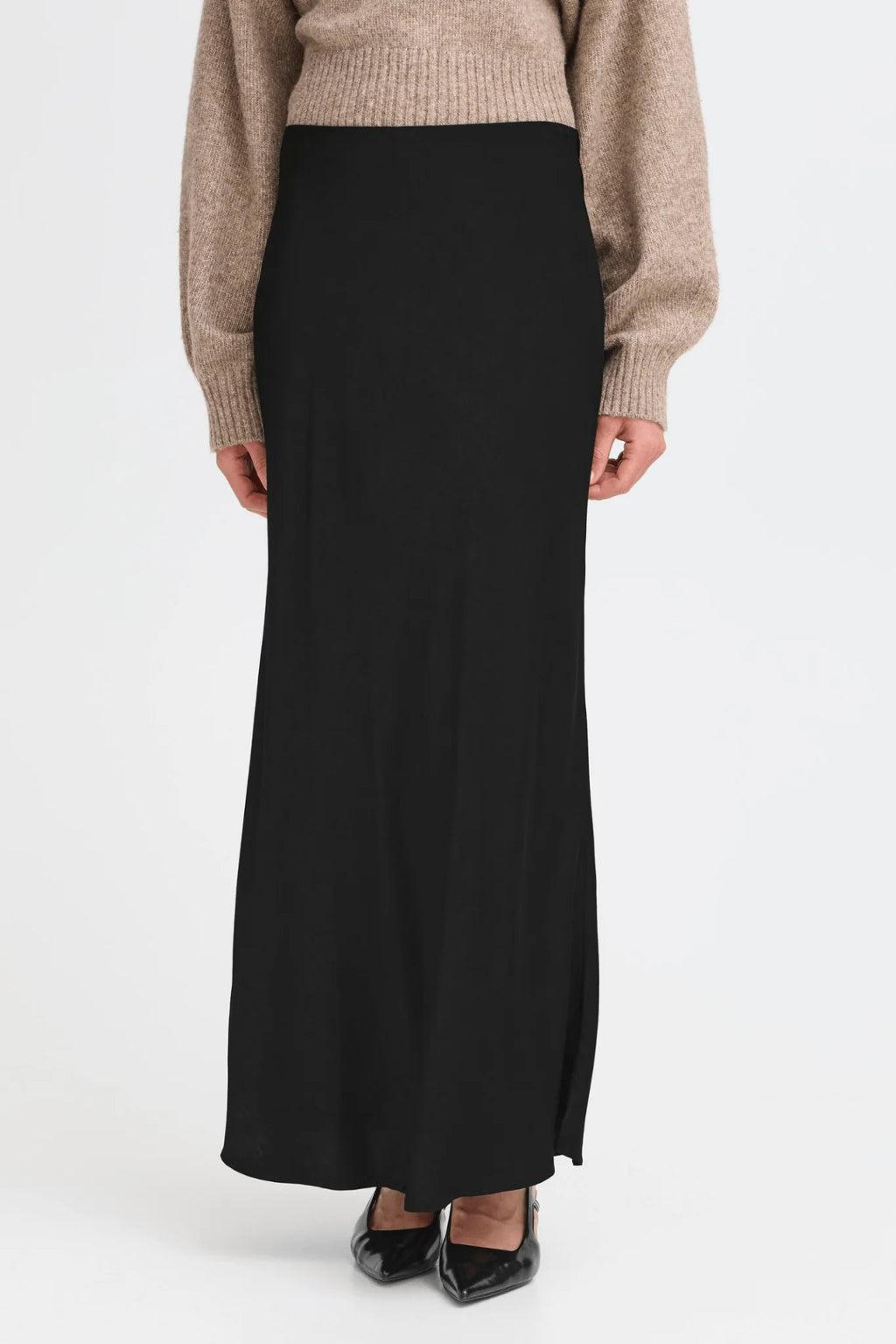 Fransa Floren black maxi skirt with flattering satin finish and sleek drape, made in a viscose blend