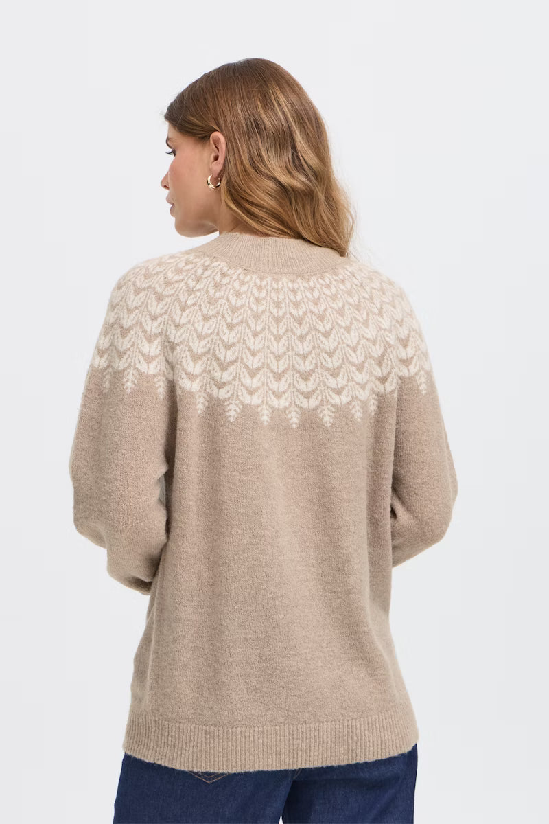 The back of Fransa Isabella Pullover Sweater in Moonrock featuring a Beige and Cream mix. The model has bronde hair and is wearing indigo jeans