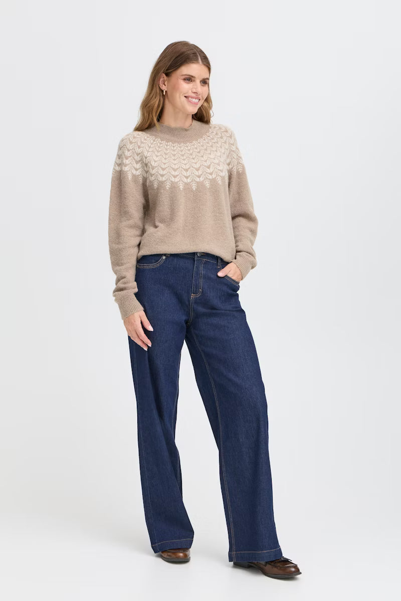 Fransa Isabella Pullover Sweater in Moon Rock a beige and cream colour yoke knit sweater. The model is wearing wide leg indigo trousers with bronde hair