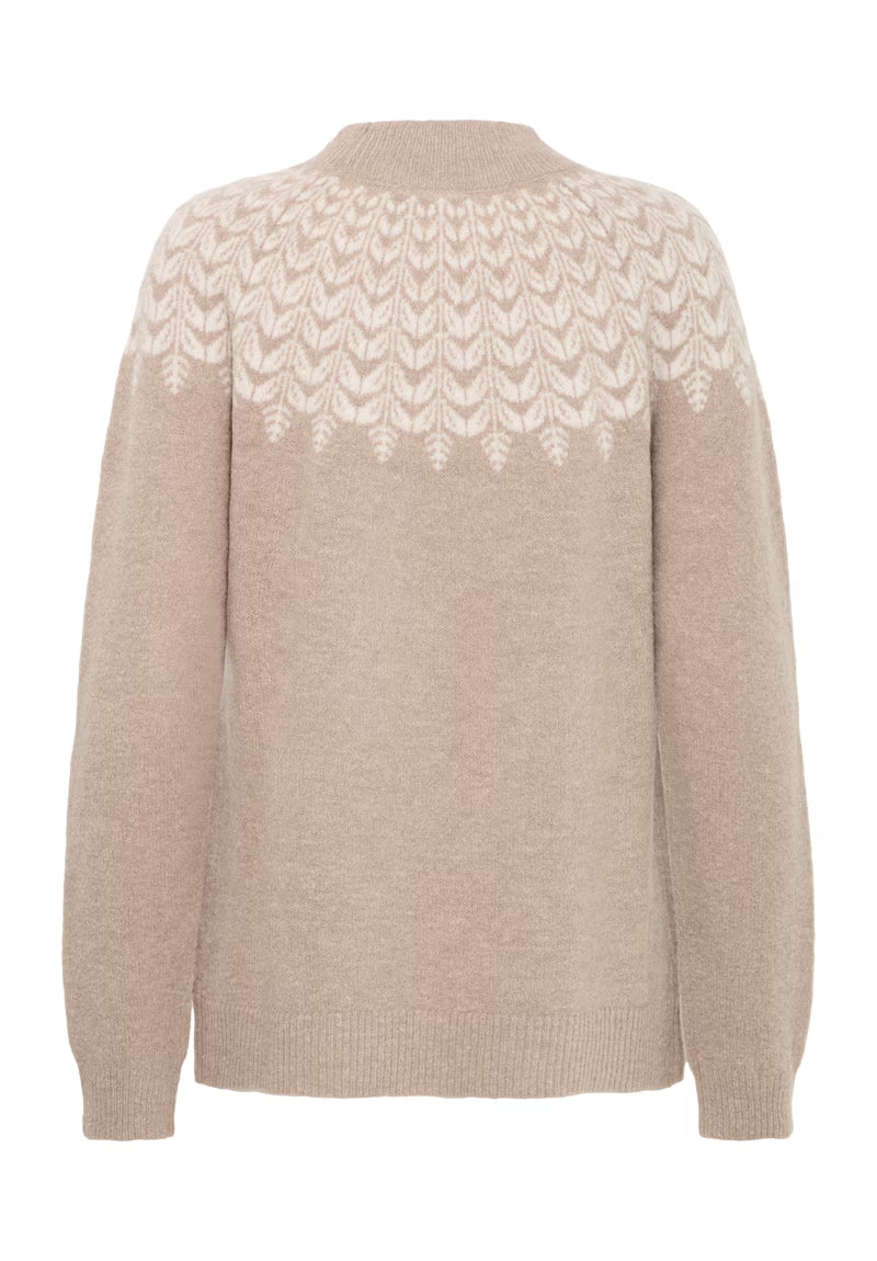 Product Photo of the Fransa Isabella Moonrock Pullover Yoke Knit Sweater. Colour wise its beige and cream mix 