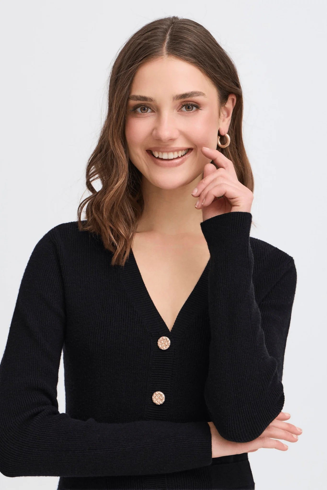 Fransa Novella cardigan in black with V-neckline, gold buttons, lightweight knit fabric