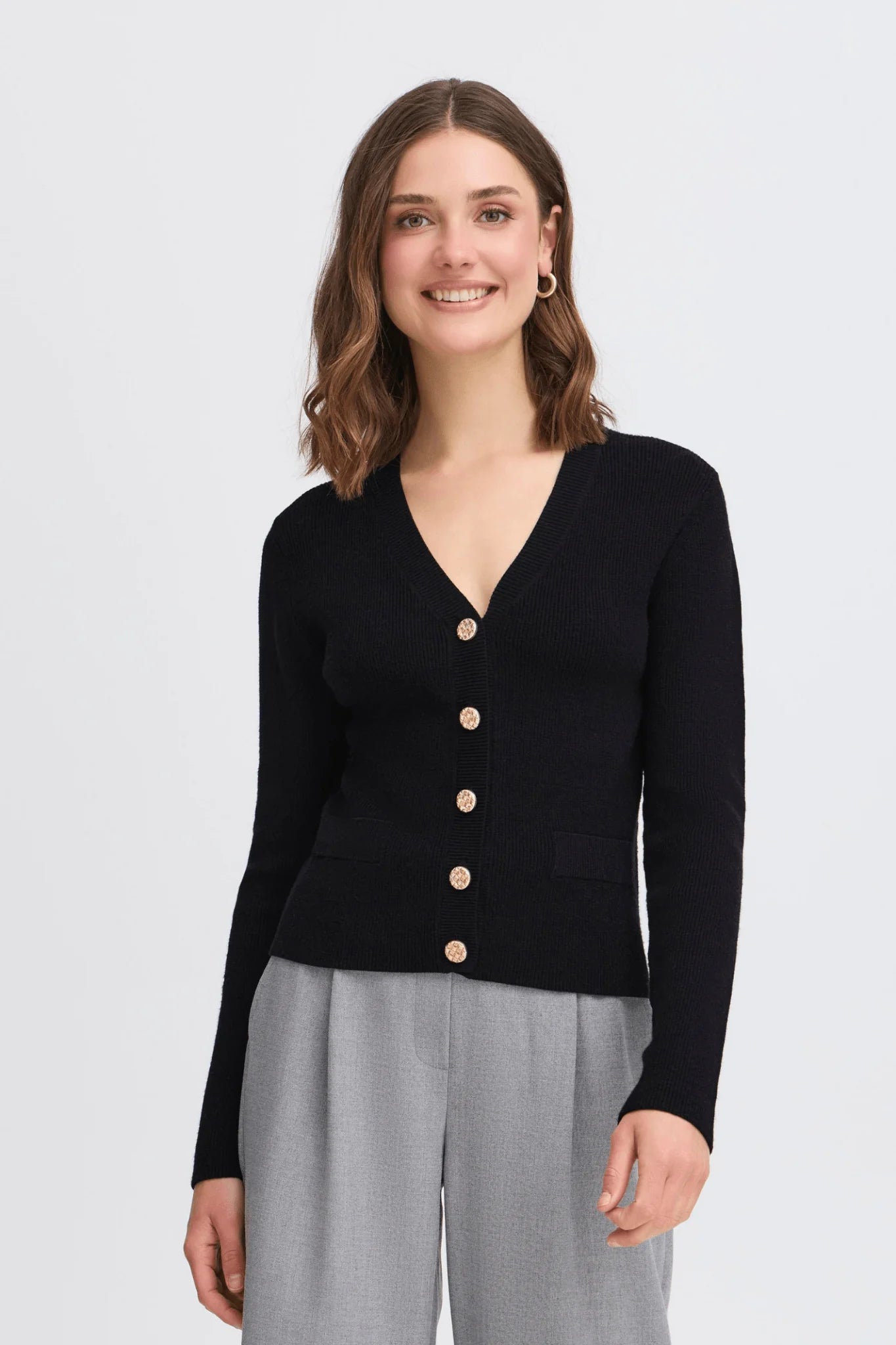 Fransa Novella cardigan in black with V-neckline, gold buttons, lightweight knit fabric