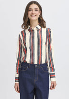 Fransa Alda striped shirt in neutral with navy and red vertical stripes, long sleeves, button-up design, regular fit