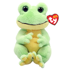 Green plush frog toy with a red Ty heart tag on a white background