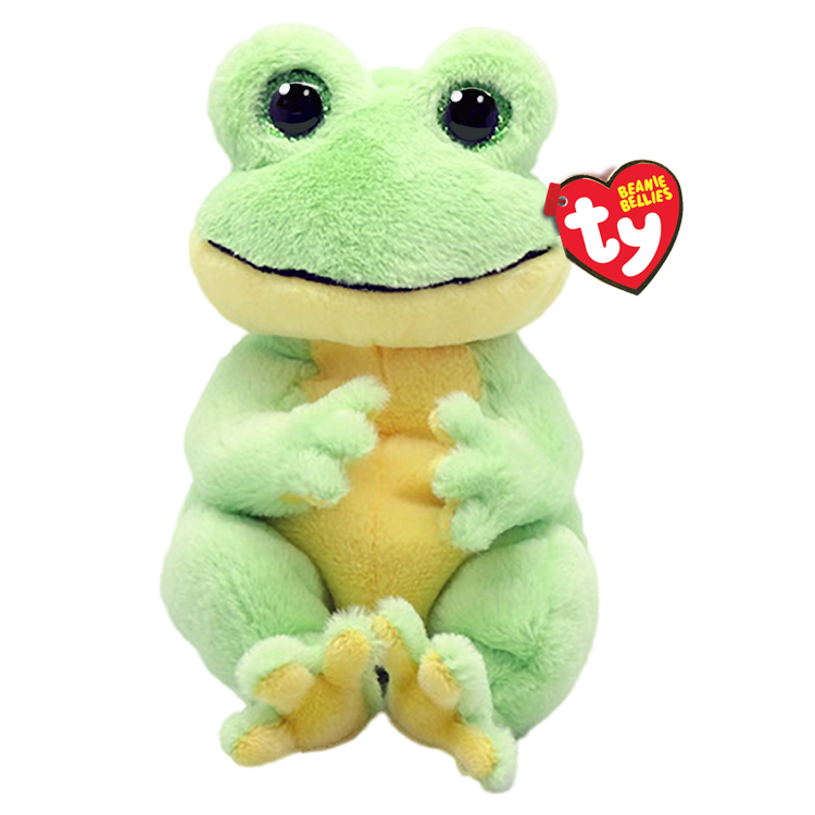 Green plush frog toy with a red Ty heart tag on a white background