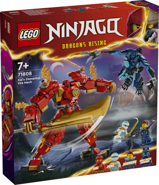 LEGO Ninjago Dragons Rising set packaging with red and blue mech figures on a dark background.