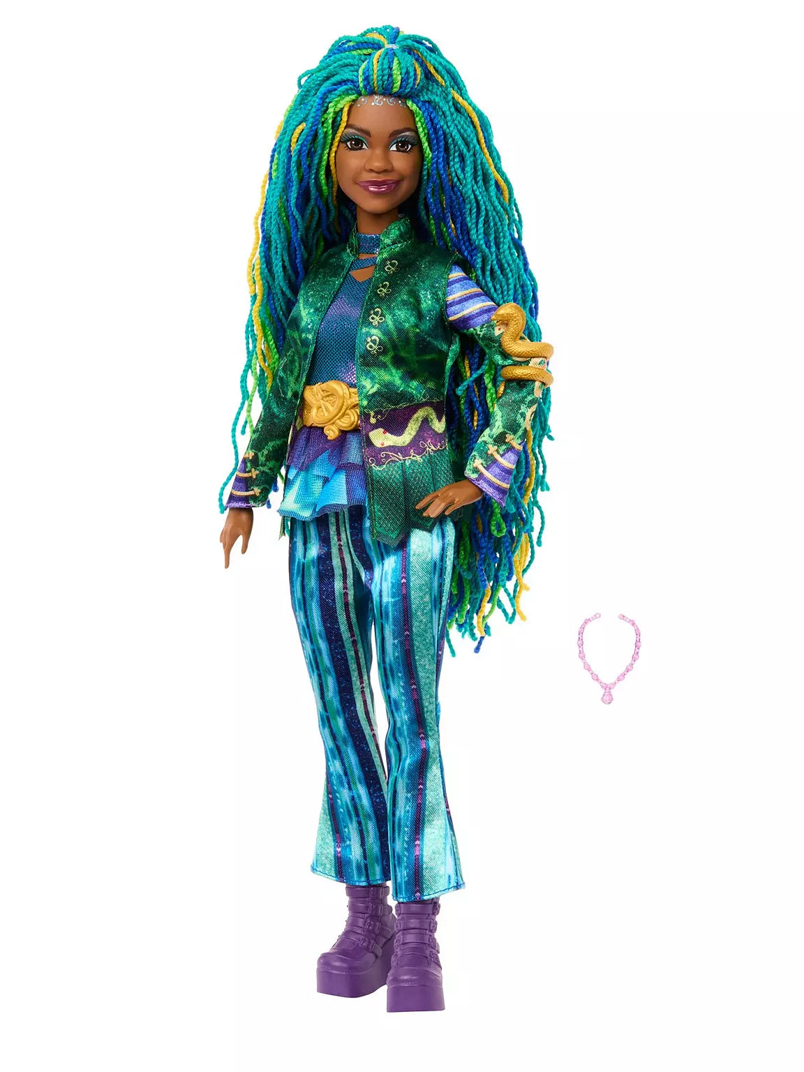 Doll with colorful hair and outfit on a white background