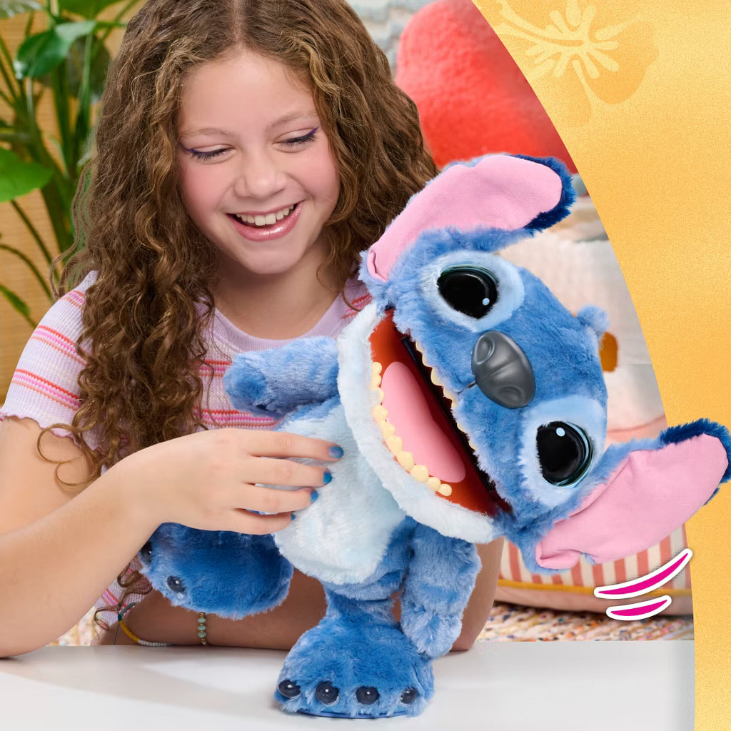 Child playing with a plush toy resembling Stitch, with a bright and colorful background.