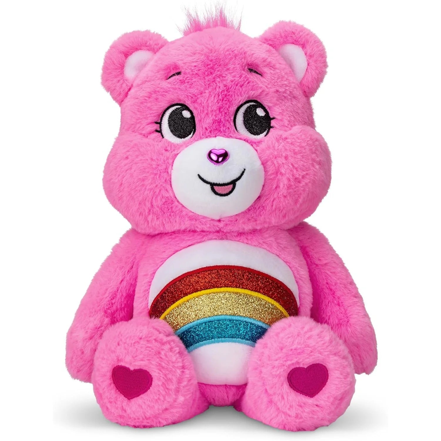 Pink teddy bear with a rainbow肚子 on a white background