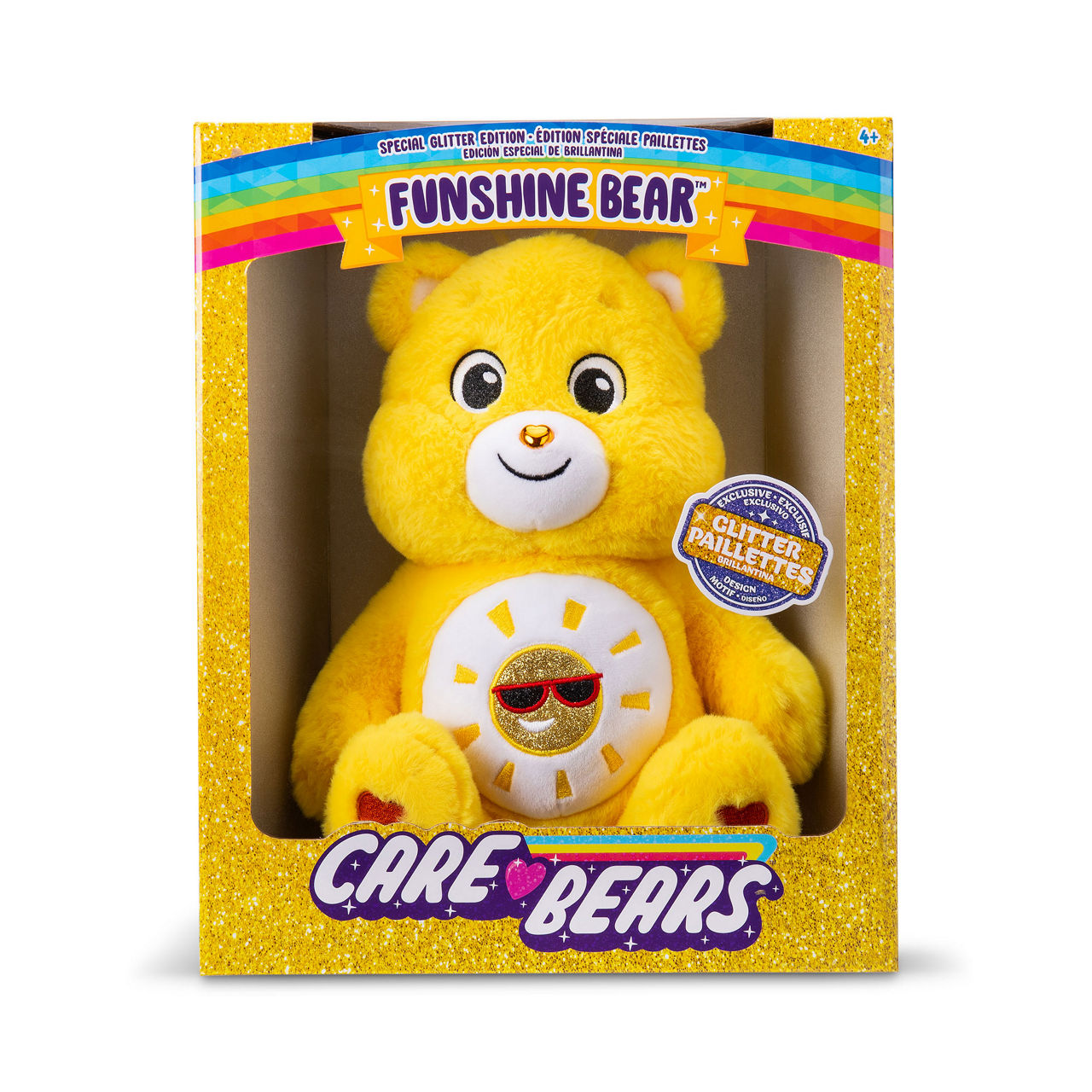 Yellow Funshine Bear plush toy in packaging with Care Bears branding