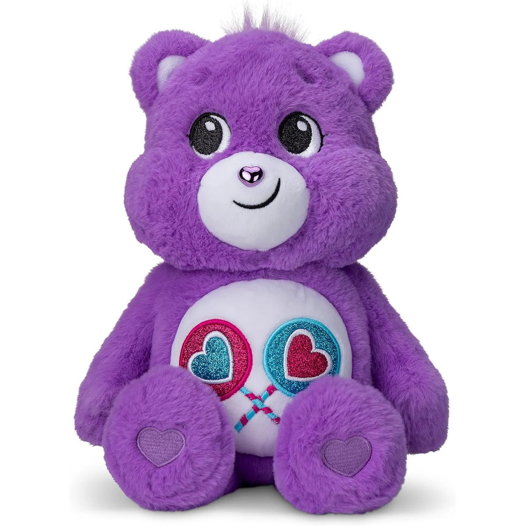 Purple teddy bear with heart designs on a white background